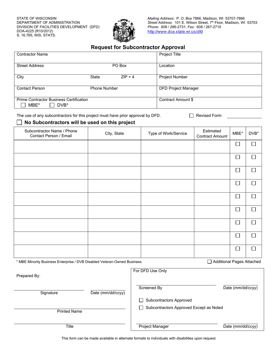 Form DOA-4225 Request for Subcontractor Approval - Wisconsin, Page 1