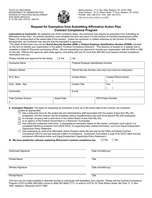 Form DOA-3024A Request for Exemption From Submitting Affirmative Action Plan Contract Compliance Program - Wisconsin