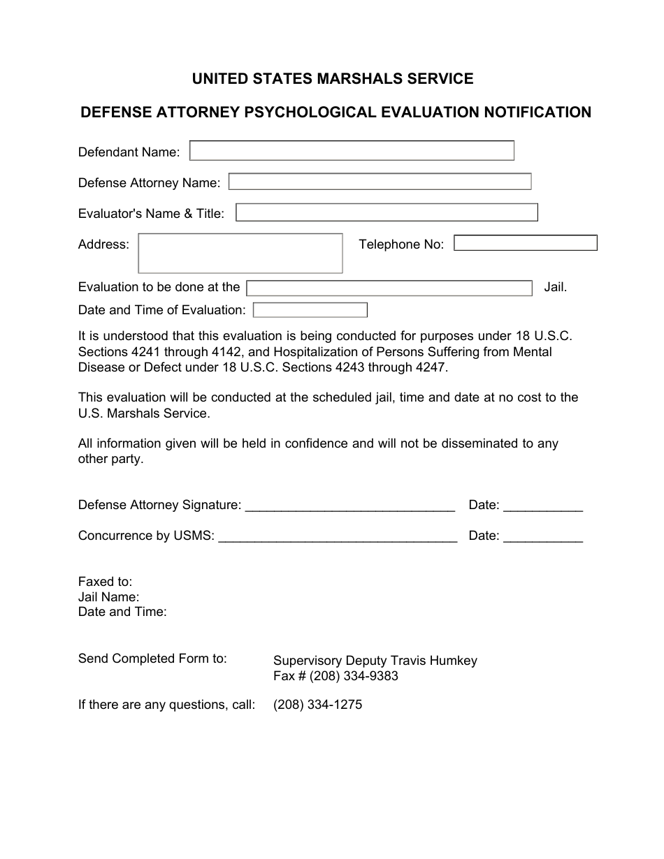 United States Marshals Service Defense Attorney Psychological Evaluation Notification - Idaho, Page 1