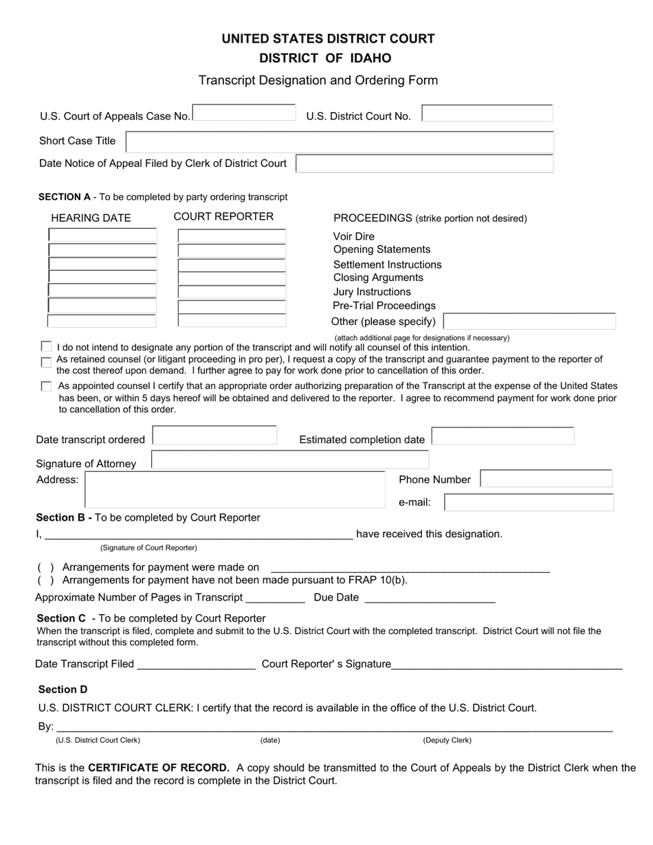 Transcript Designation and Ordering Form - Idaho, Page 1