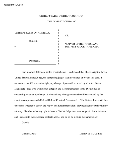 Waiver of Right to Have District Judge Take Plea - Idaho Download Pdf