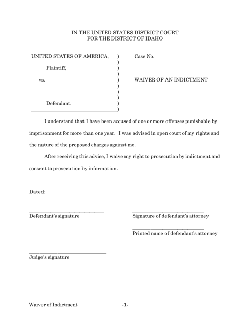 Waiver of an Indictment - Idaho Download Pdf