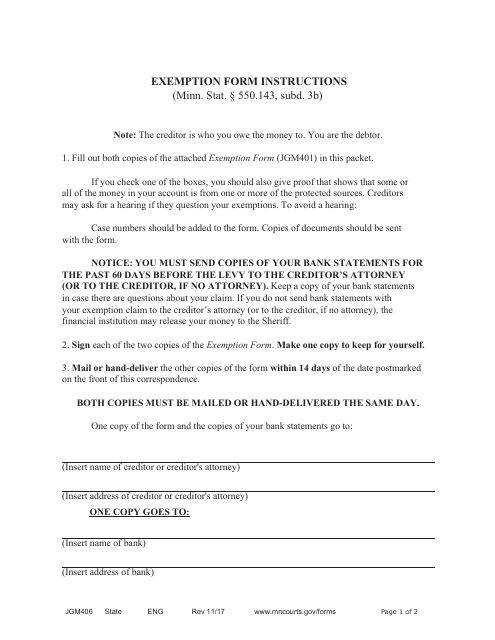 Form JGM406 Exemption Form Instructions - Minnesota