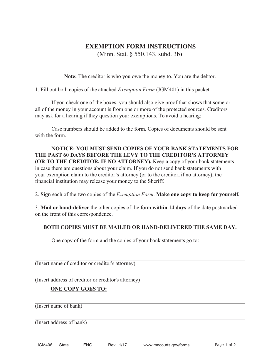 Form JGM406 Exemption Form Instructions - Minnesota, Page 1