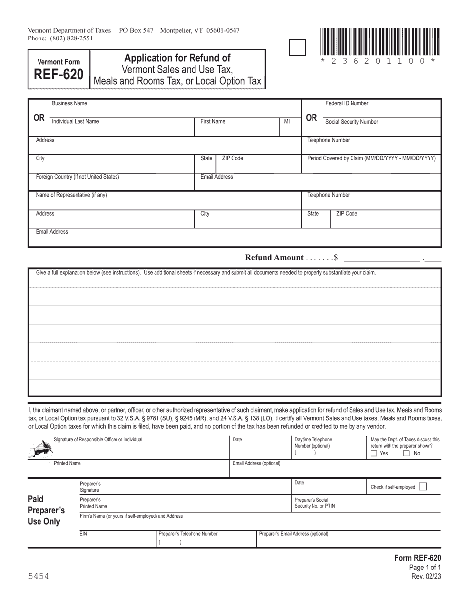 Form REF-620 Application for Refund of Vermont Sales and Use Tax, Meals and Rooms Tax, or Local Option Tax - Vermont, Page 1