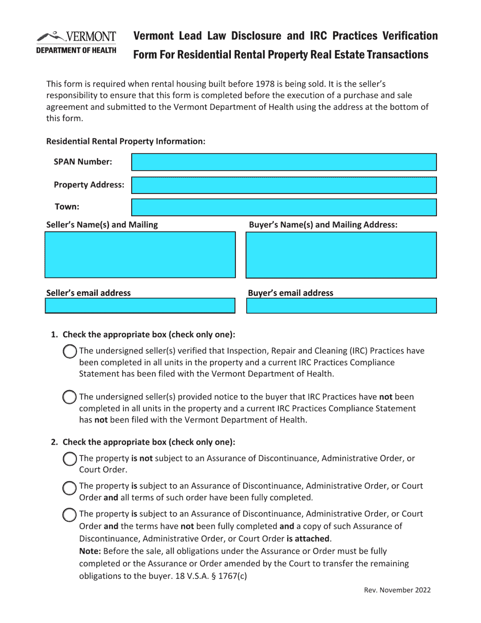 Vermont Lead Law Disclosure and IRC Practices Verification Form for Residential Rental Property Real Estate Transactions - Vermont, Page 1