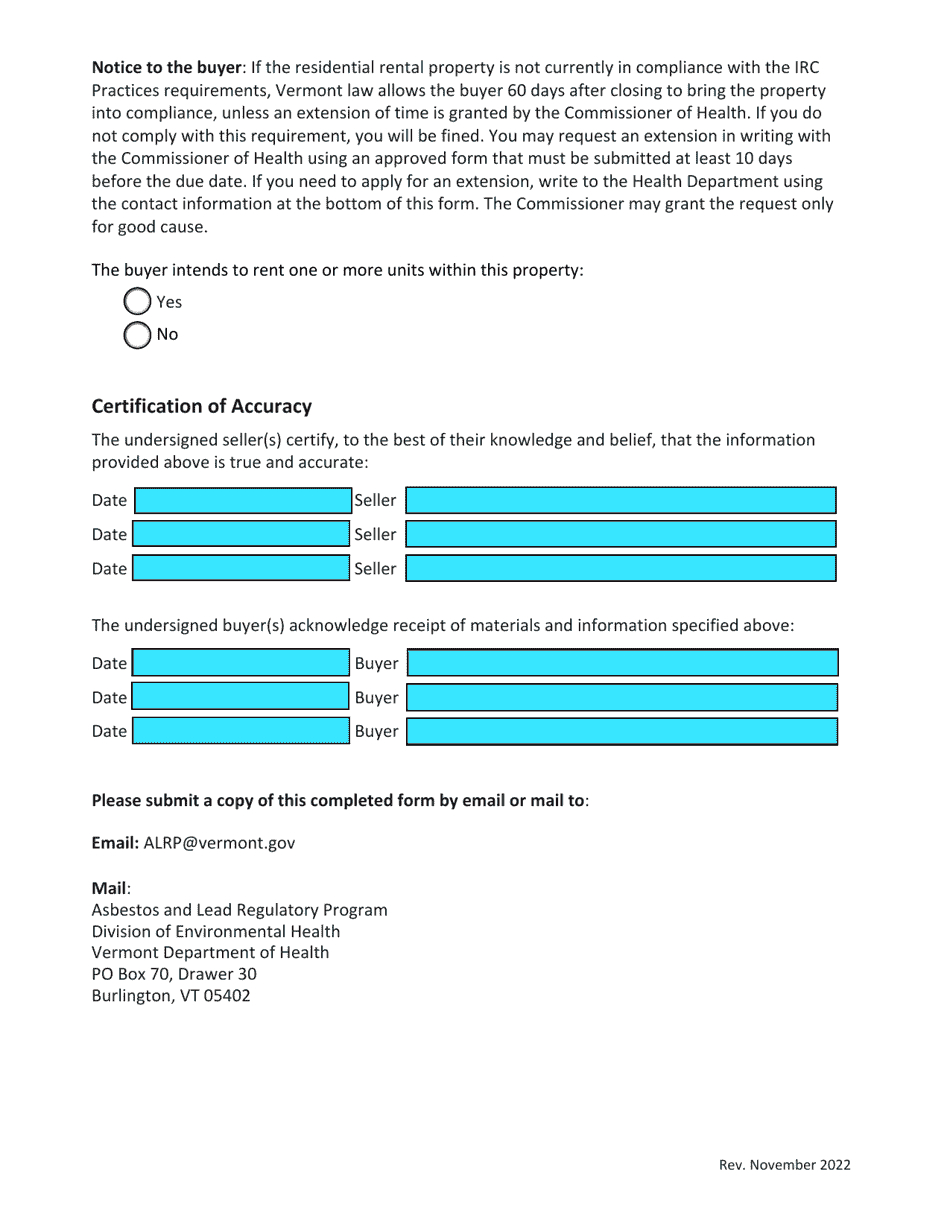 Vermont Lead Law Disclosure and IRC Practices Verification Form for Residential Rental Property Real Estate Transactions - Vermont, Page 2