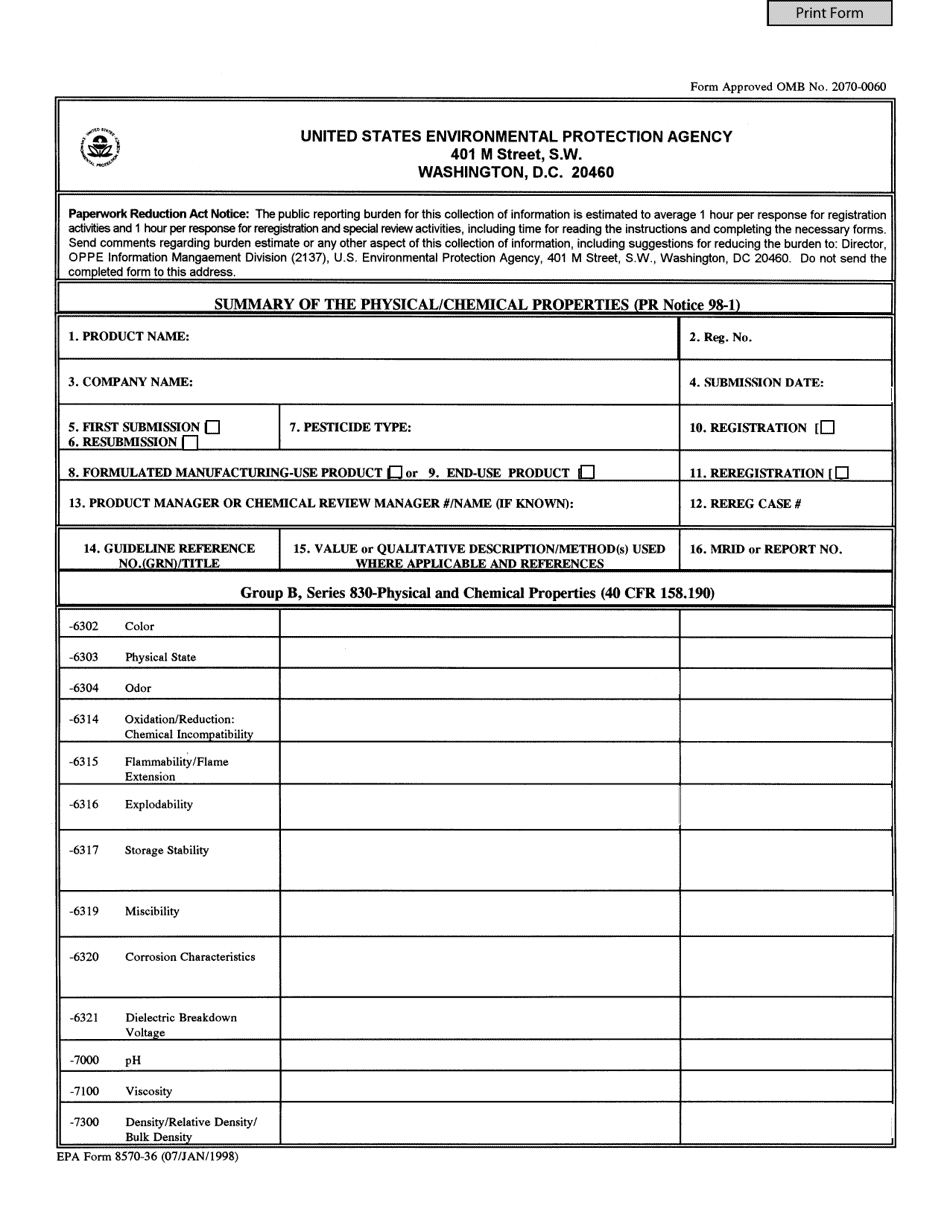 EPA Form 8570-36 Summary of the Physical / Chemical Properties, Page 1