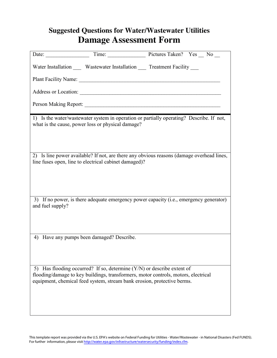 Suggested Questions for Water / Wastewater Utilities Damage Assessment Form, Page 1
