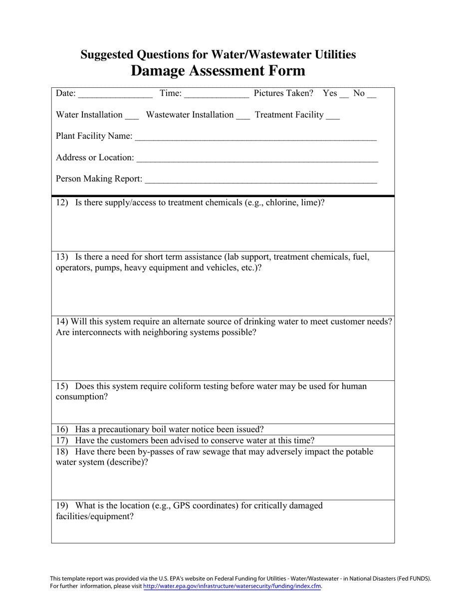 Suggested Questions for Water / Wastewater Utilities Damage Assessment Form, Page 3