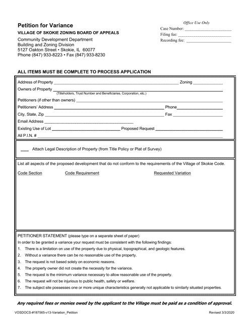 Petition for Variance - Village of Skokie, Illinois Download Pdf