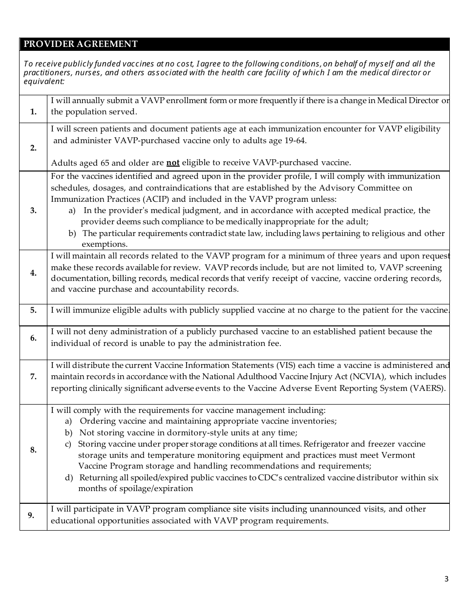 Vermont Adult Vaccine Program Provider Agreement - Vermont, Page 3