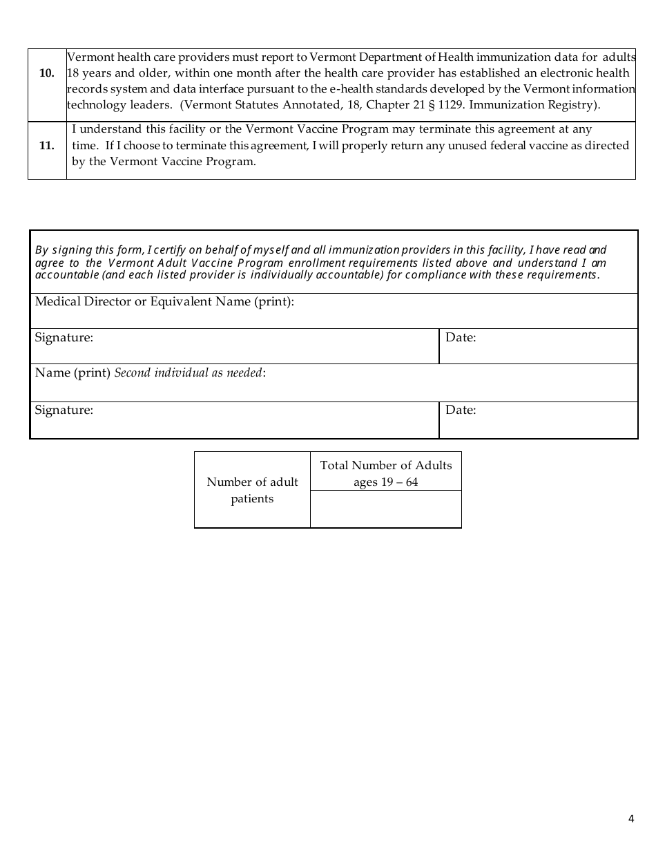 Vermont Adult Vaccine Program Provider Agreement - Vermont, Page 4