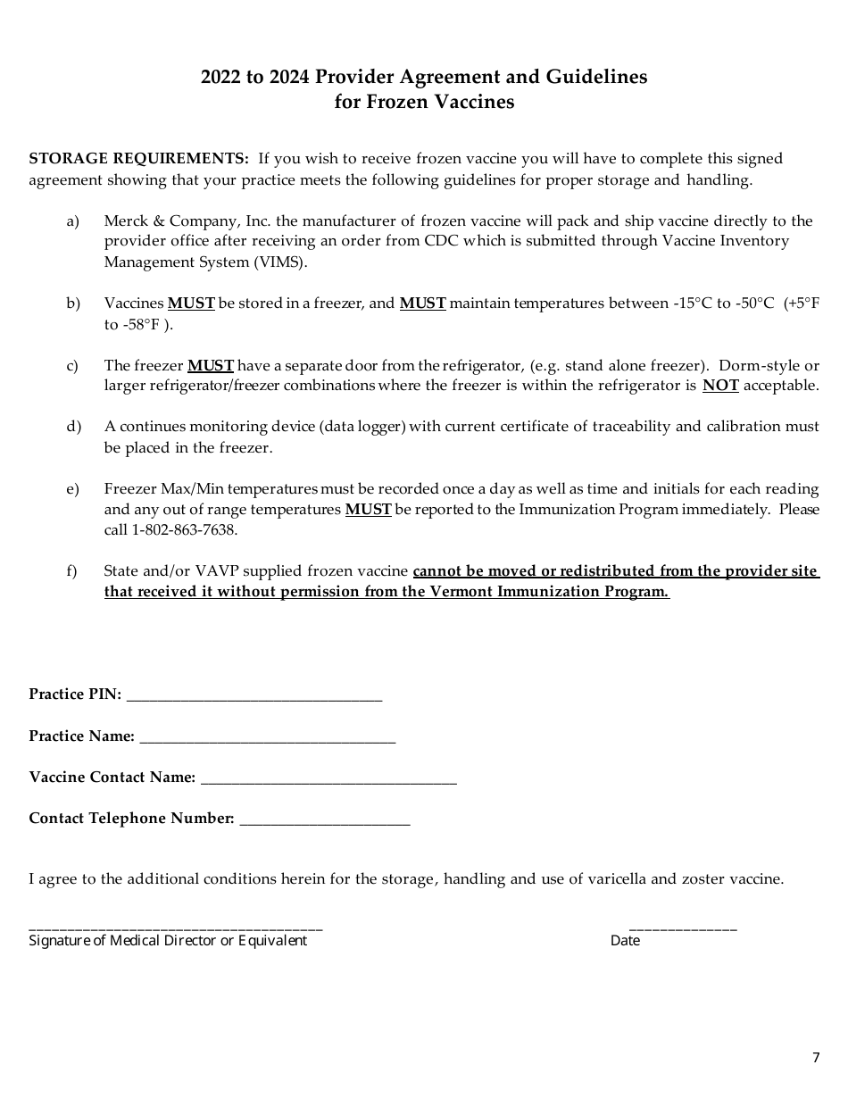 Vermont Adult Vaccine Program Provider Agreement - Vermont, Page 7