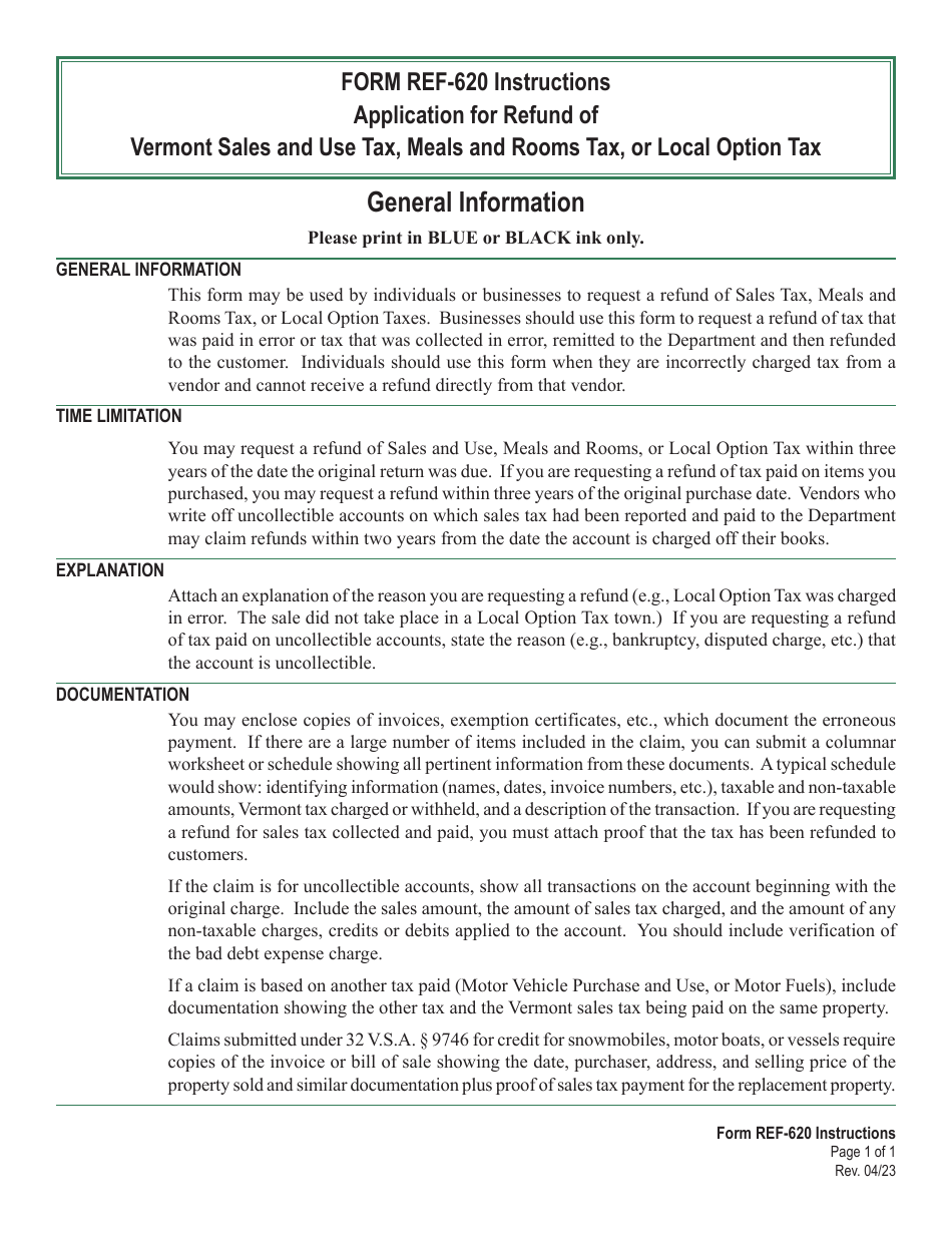 Download Instructions for VT Form REF620 Application for Refund of