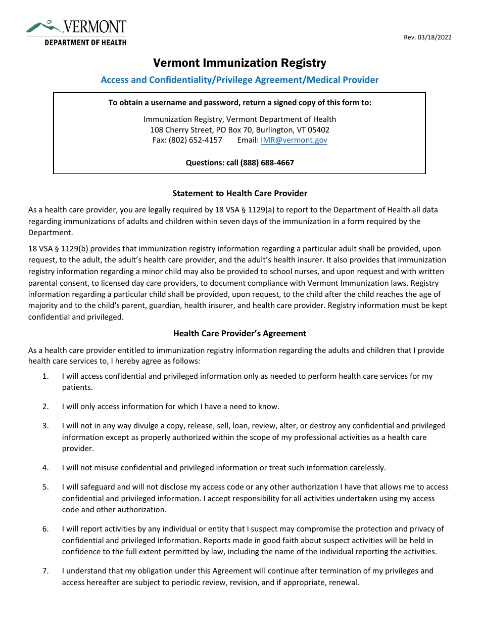 Vermont Immunization Registry Access and Confidentiality / Privilege Agreement / Medical Provider - Vermont, Page 1