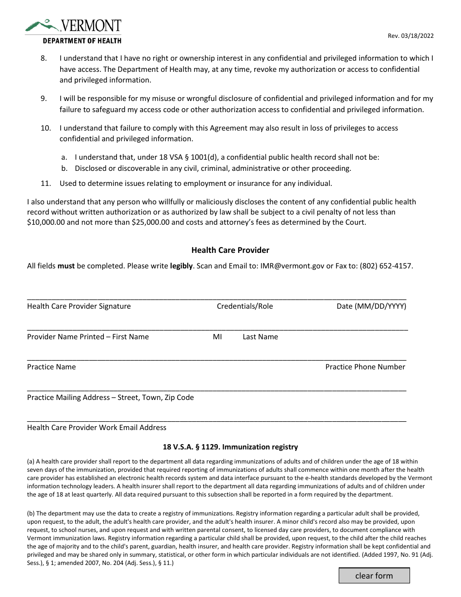 Vermont Immunization Registry Access and Confidentiality / Privilege Agreement / Medical Provider - Vermont, Page 2