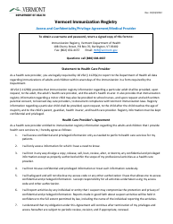 Document preview: Vermont Immunization Registry Access and Confidentiality/Privilege Agreement/Medical Provider - Vermont