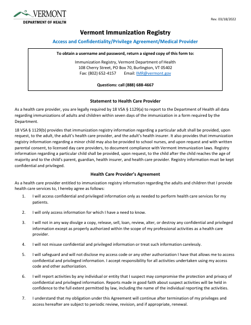 Vermont Immunization Registry Access and Confidentiality / Privilege Agreement / Medical Provider - Vermont Download Pdf