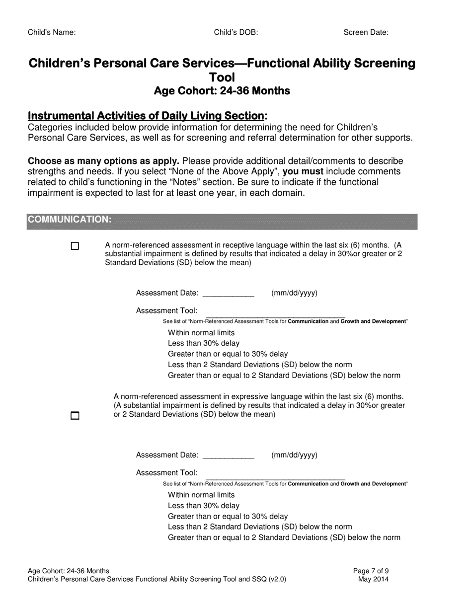Childrens Personal Care Services Functional Ability Screening Tool and Ssq - Age Cohort: 24-36 Months - Vermont, Page 7