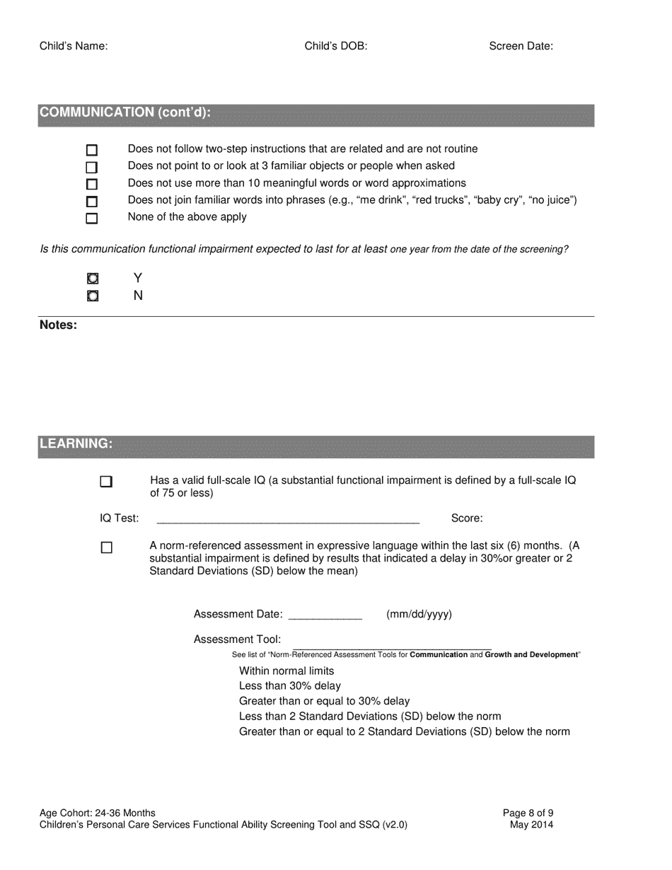 Childrens Personal Care Services Functional Ability Screening Tool and Ssq - Age Cohort: 24-36 Months - Vermont, Page 8