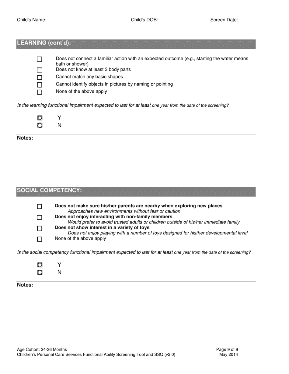 Childrens Personal Care Services Functional Ability Screening Tool and Ssq - Age Cohort: 24-36 Months - Vermont, Page 9