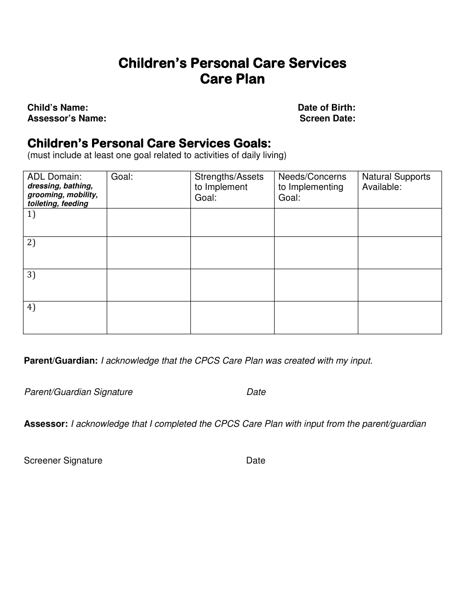 Vermont Children's Personal Care Services Care Plan Fill Out, Sign