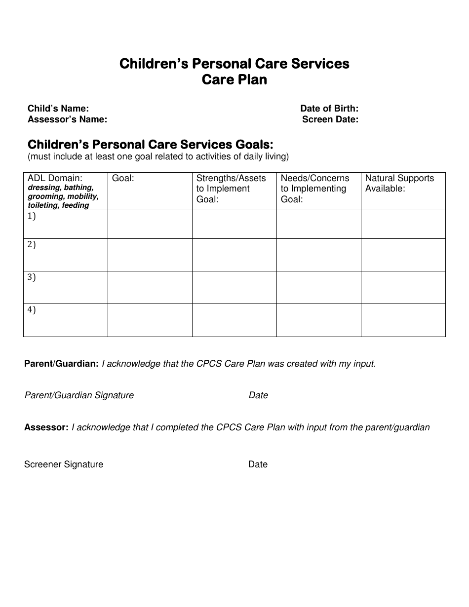 Childrens Personal Care Services Care Plan - Vermont, Page 1