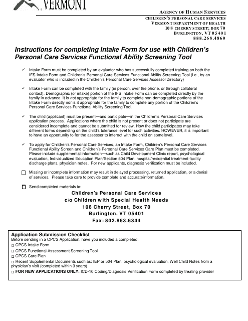 Children's Personal Care Services Intake Form - Vermont Download Pdf