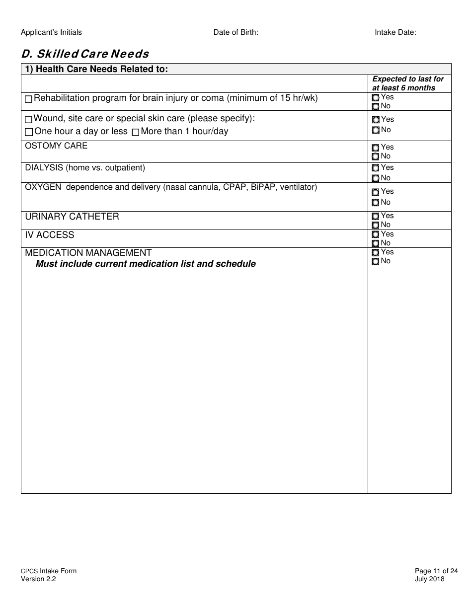 Childrens Personal Care Services Intake Form - Vermont, Page 11