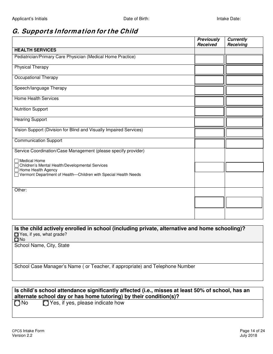Childrens Personal Care Services Intake Form - Vermont, Page 14