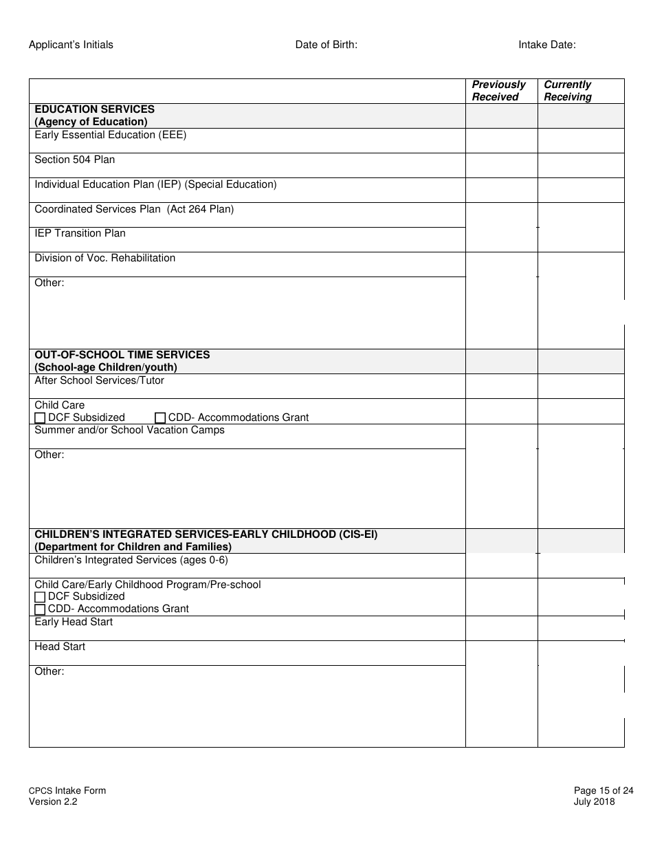 Childrens Personal Care Services Intake Form - Vermont, Page 15