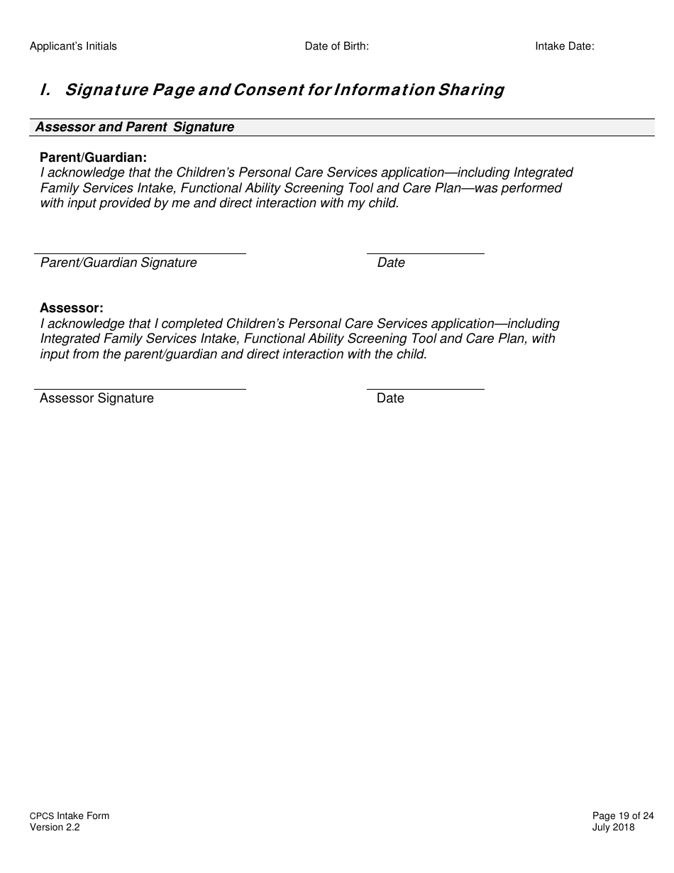 Childrens Personal Care Services Intake Form - Vermont, Page 19