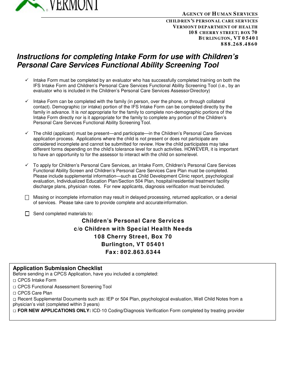 Childrens Personal Care Services Intake Form - Vermont, Page 1