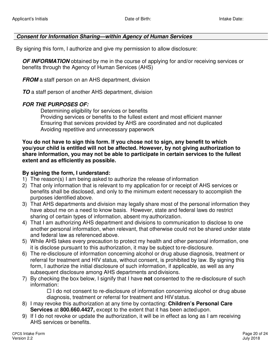 Childrens Personal Care Services Intake Form - Vermont, Page 20