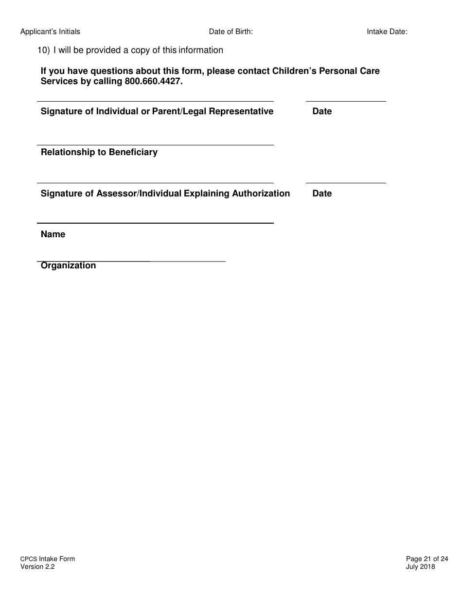 Childrens Personal Care Services Intake Form - Vermont, Page 21