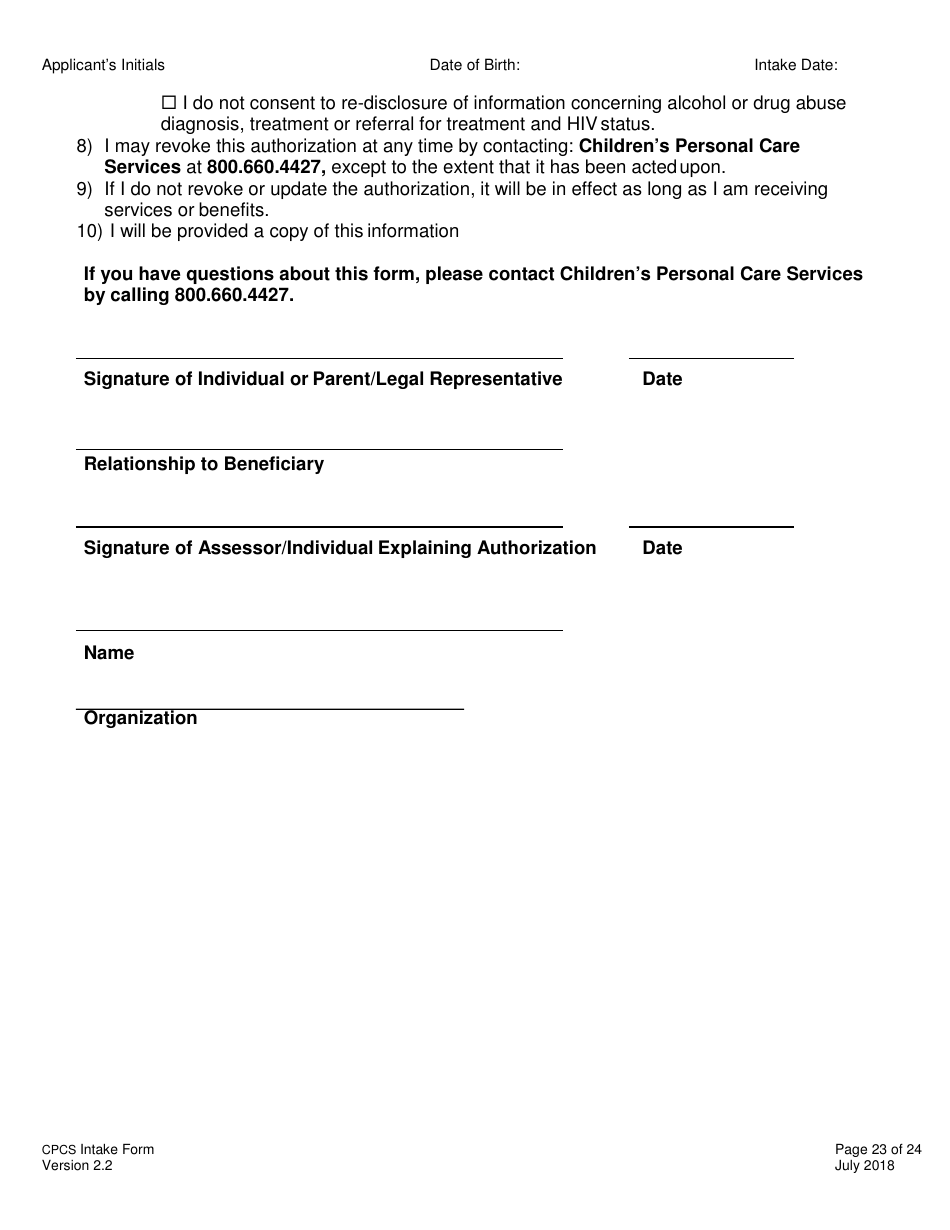 Childrens Personal Care Services Intake Form - Vermont, Page 23