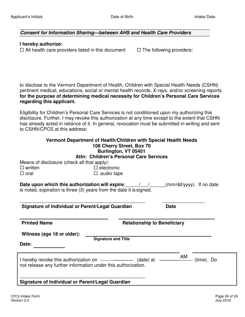 Childrens Personal Care Services Intake Form - Vermont, Page 24