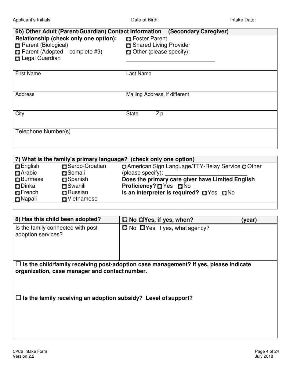 Childrens Personal Care Services Intake Form - Vermont, Page 4