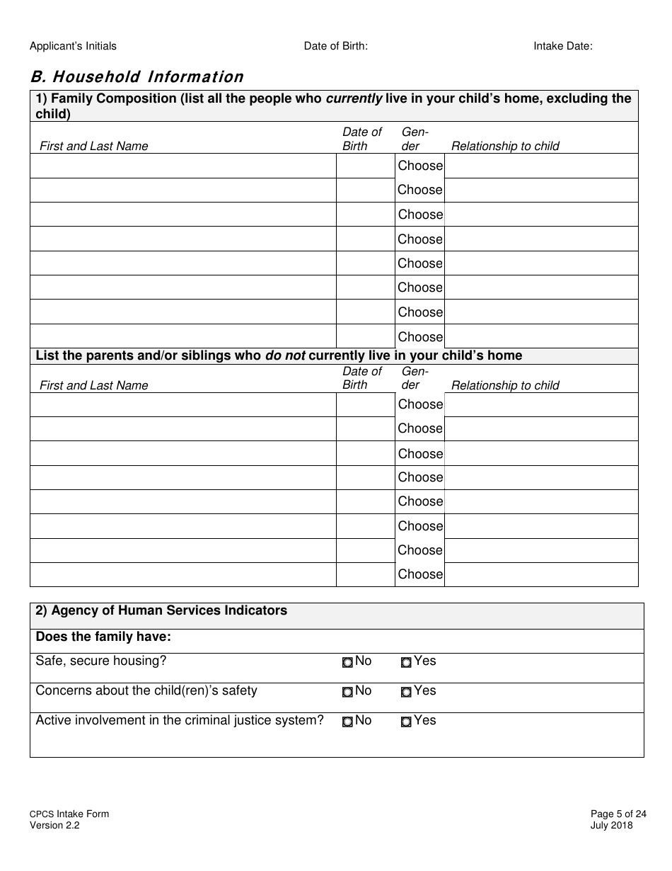 Childrens Personal Care Services Intake Form - Vermont, Page 5