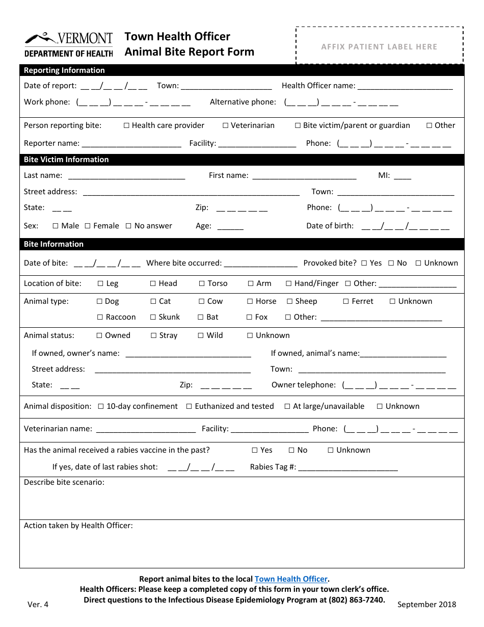 Town Health Officer Animal Bite Report Form - Vermont, Page 1