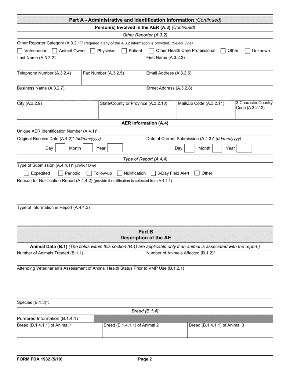 Form FDA1932 Veterinary Adverse Drug Reaction, Lack of Effectiveness, Product Defect Report, Page 2