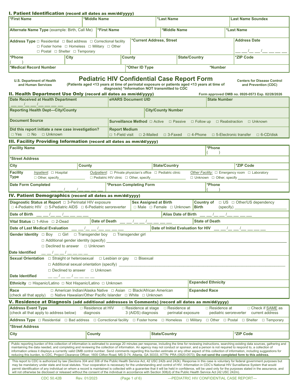 Form CDC50.42B Pediatric HIV Confidential Case Report Form (Patients Aged 13 Years at Time of Perinatal Exposure or Patients Aged 13 Years at Time of Diagnosis), Page 1