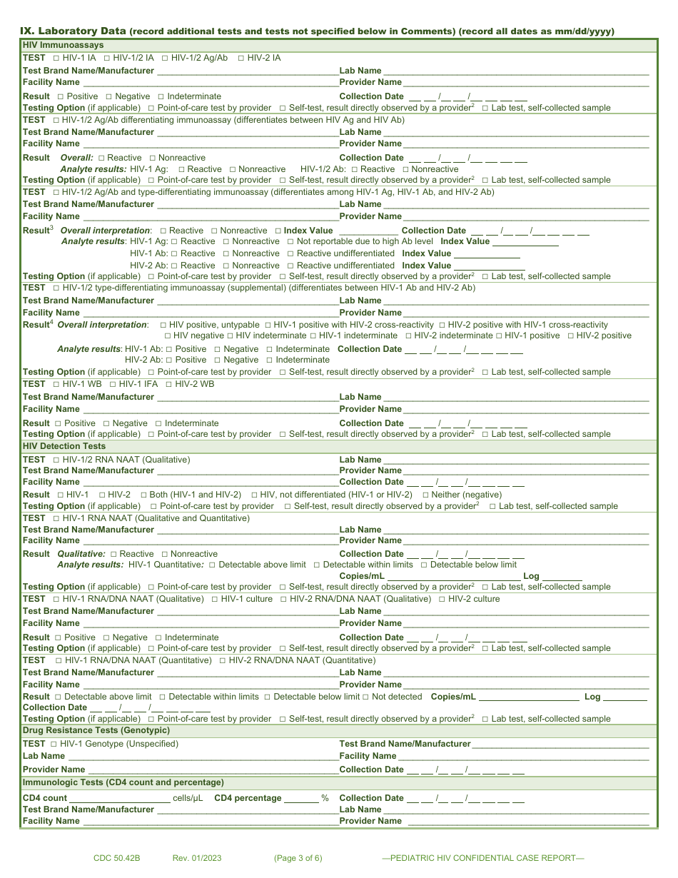 Form CDC50.42B Pediatric HIV Confidential Case Report Form (Patients Aged 13 Years at Time of Perinatal Exposure or Patients Aged 13 Years at Time of Diagnosis), Page 3
