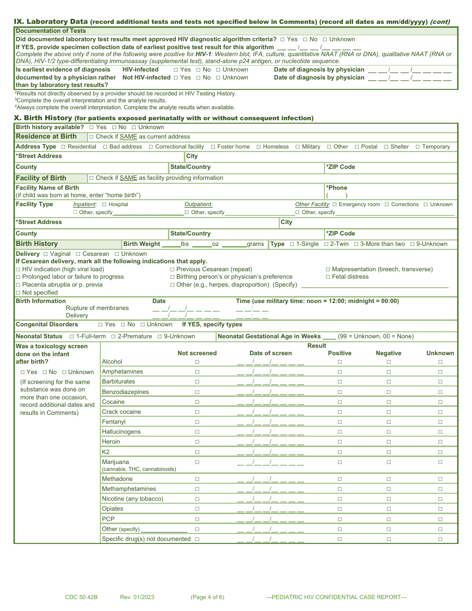 Form CDC50.42B Pediatric HIV Confidential Case Report Form (Patients Aged 13 Years at Time of Perinatal Exposure or Patients Aged 13 Years at Time of Diagnosis), Page 4