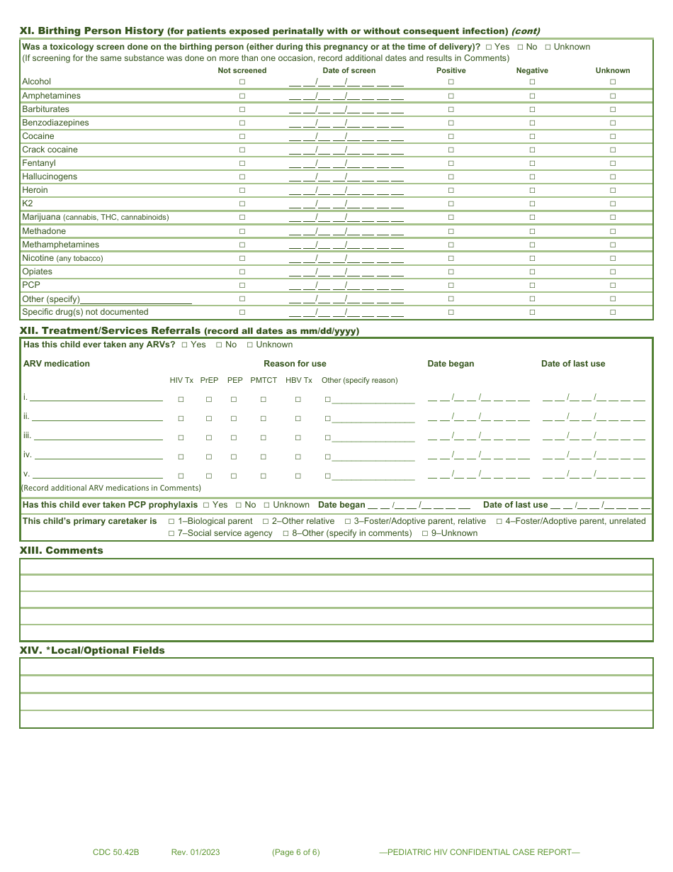 Form CDC50.42B Pediatric HIV Confidential Case Report Form (Patients Aged 13 Years at Time of Perinatal Exposure or Patients Aged 13 Years at Time of Diagnosis), Page 6