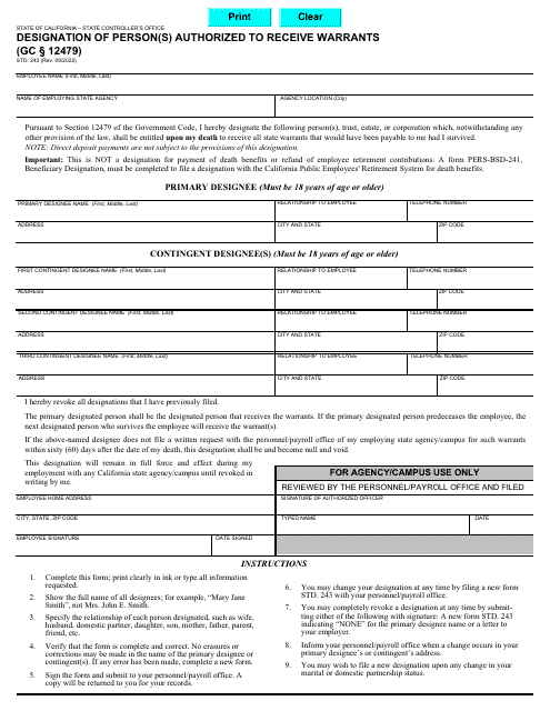 Form STD.243 Designation of Person(s) Authorized to Receive Warrants - California