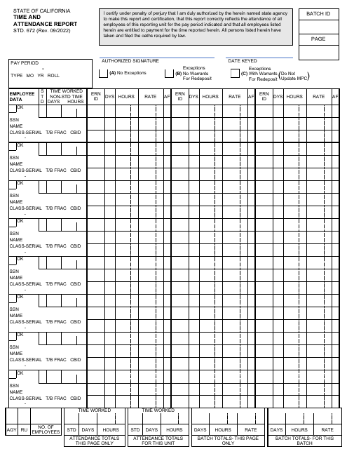 Form STD.672 Time and Attendance Report - California