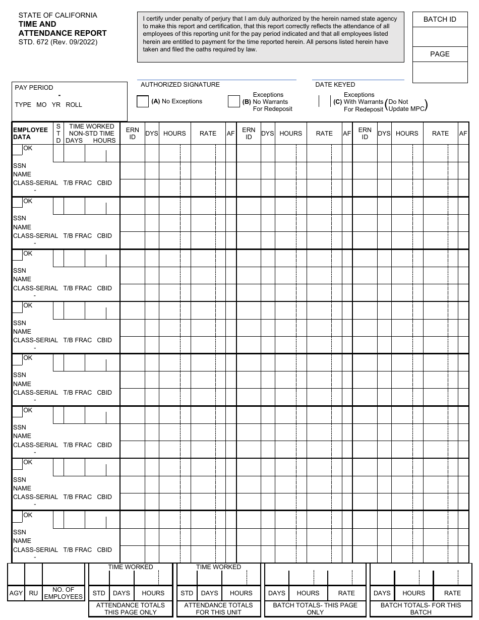 Form STD.672 Time and Attendance Report - California, Page 1