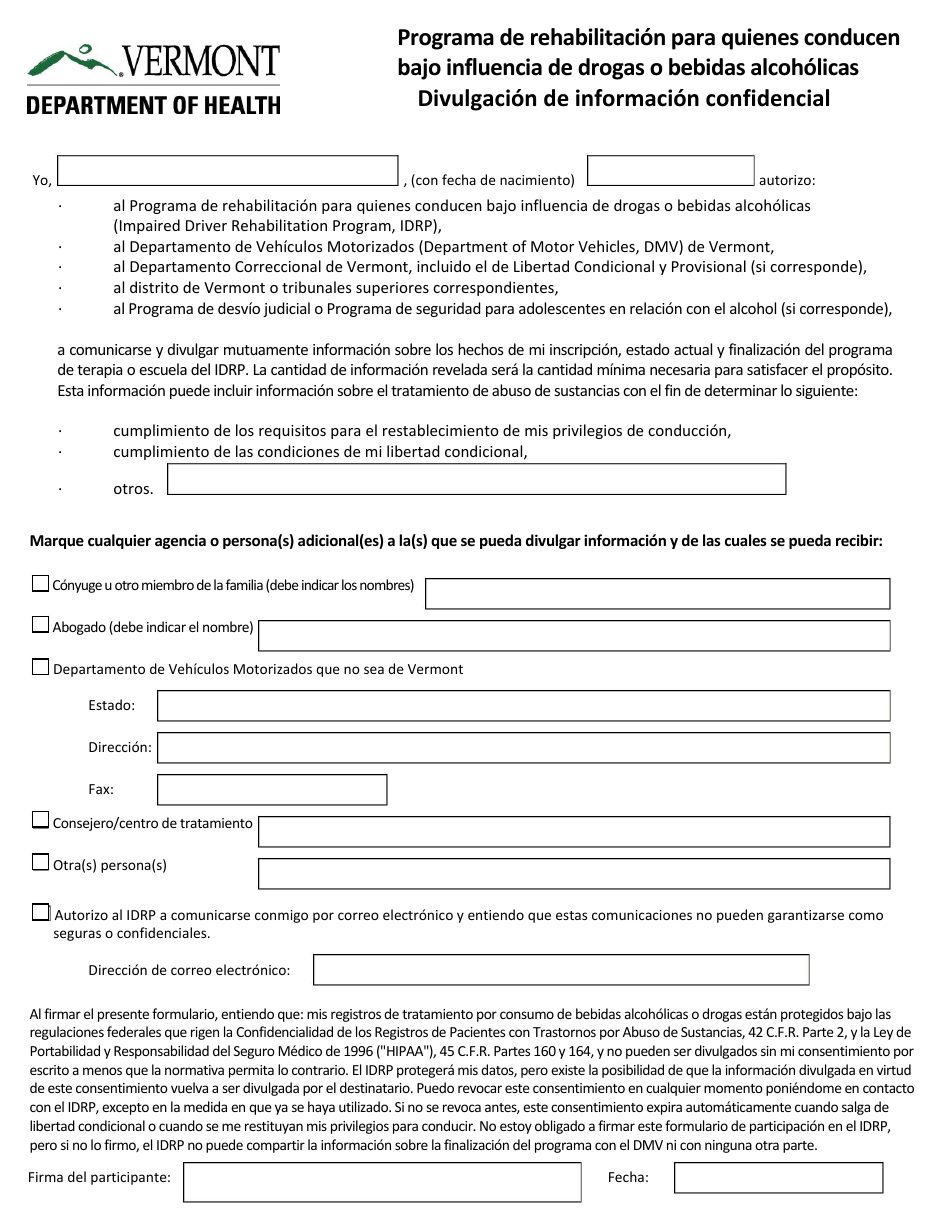 Release of Confidential Information - Impaired Driver Rehabilitation Program - Vermont (English / Spanish), Page 1